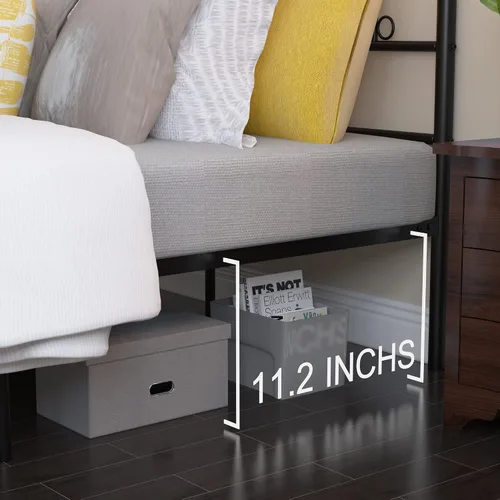 Miniatura 7 de Weehom Base de cama de metal con cabecero y estribo, no necesita somier, plataforma completa, color negro