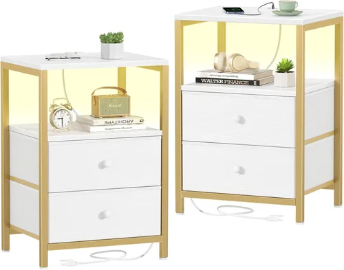Miniatura 17 de BOLUO Cómoda alta con cajones, mesita de noche blanca con estación de carga y luz LED, cómoda pequeña de 4 cajones en blanco para dormitorio