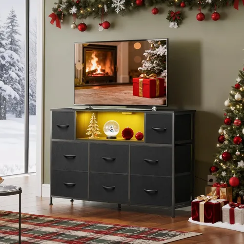 Miniatura 2 de WLIVE - Soporte de TV con cómoda en negro para TV de 45, 50, 55 pulgadas, centro de entretenimiento con luces LED y estación de carga, cómoda con 8
