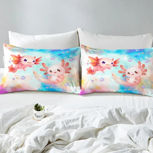 Miniatura 5 de Castle Fairy Bonito juego de sábanas de Axolotl, juego de sábanas de teñido anudado colorido, juego de ropa de cama de animales Kawaii para niños