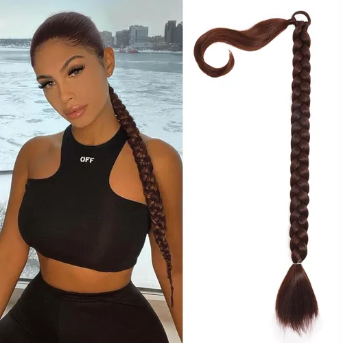 Miniatura 26 de Extensiones de cola de caballo trenzada de 20 pulgadas de largo para mujer, extensiones de cabello lacio envolvente con banda para el cabello, cola