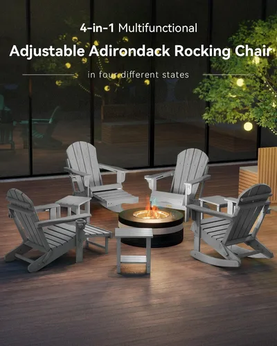 Miniatura 4 de Mecedora plegable Adirondack, silla de patio multifuncional 4 en 1 con otomana retráctil, silla de exterior con textura de madera, silla de césped