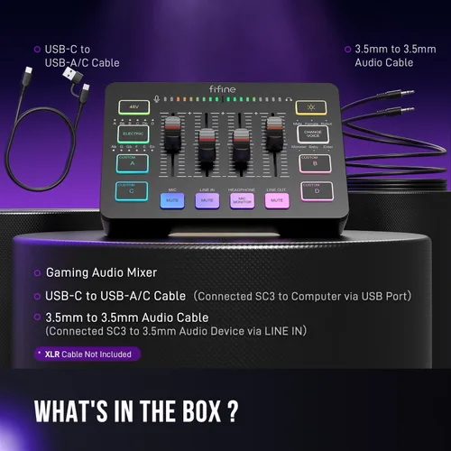 Miniatura 9 de FIFINE Mezclador de audio para juegos, mezclador de PC RGB para streaming con interfaz de micrófono XLR, control individual, atenuador de volumen