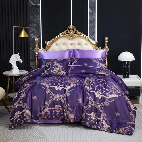 Miniatura 9 de Juego de edredón morado tamaño Queen, juego de sábanas de satén jacquard de 8 piezas bordado neoclásico floral elegante cama decoración del hogar