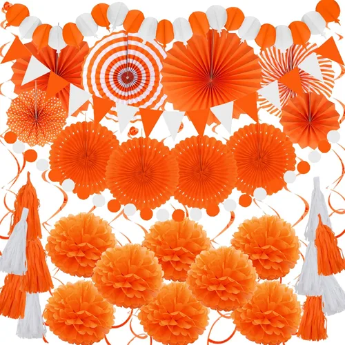 Miniatura 10 de ZERODECO - Decoraciones de fiesta, 41 piezas de abanicos de papel negros y rojos, pompones, guirnaldas, hilo, papel de seda y borlas para Negro Rojo