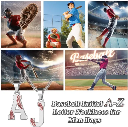 Miniatura 7 de STORUP Collares de béisbol para niños y hombres, de acero inoxidable en capas plateadas, doradas, negras, iniciales, collares de béisbol para niños