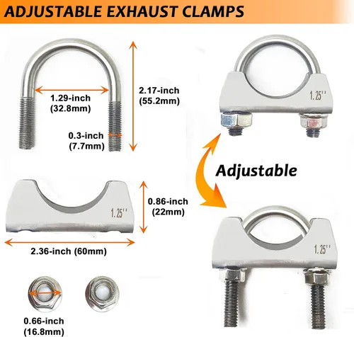 Miniatura 2 de Abrazadera de escape de acero inoxidable 304 con pernos en U de 1.25 pulgadas, abrazaderas de tubo de 1.25 pulgadas de ancho, abrazadera de escape