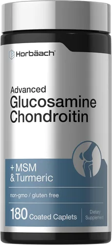 Horbäach Glucosamina Condroitina | Más MSM y Cúrcuma | 180 Cápsulas Recubiertas | Suplemento Sin OGM, Sin Gluten | Suplemento sin OMG, sin gluten