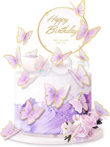 Miniatura 9 de Juego de 11 unidades de decoraciones de mariposa para pastel rosa dorado - Decoración de pastel de feliz cumpleaños de metal dorado (LL-652)