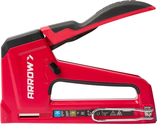 Arrow T50RED2 - Pistola de grapas manual 2 en 1 y clavadora de clavos para tapicería, marco, aislamiento, manualidades y muebles, rojo