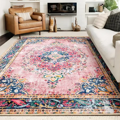 Miniatura 30 de Alfombra de área de 5 x 7 pies para sala de estar, alfombra verde boho antideslizante lavable, alfombra vintage de pelo bajo, alfombra grande