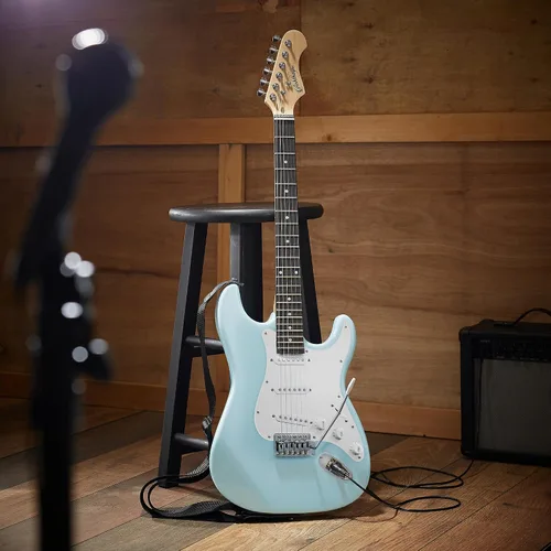Miniatura 7 de Ashthorpe - Guitarra eléctrica de 39 pulgadas (azul cielo y plateado), kit de guitarra de tamaño completo con bolsa acolchada, barra de trémolo
