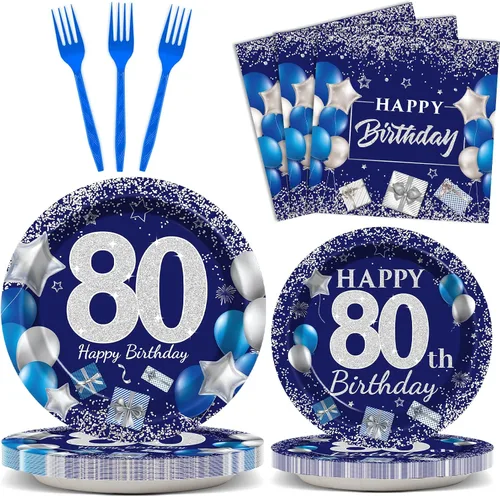 Miniatura 12 de 96 piezas de suministros para fiesta de cumpleaños número 50: platos azul marino y plateado, servilletas, tenedores y decoraciones de mesa para 24