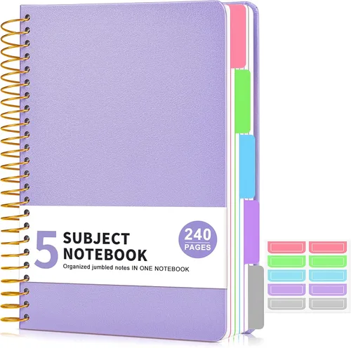 Miniatura 11 de Cuaderno de 5 asignaturas con reglas universitarias y divisores de bolsillos removibles con pestañas, 240 páginas, cuaderno en espiral de 21.59 x