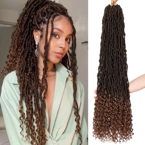 Miniatura 9 de Leeven 7 paquetes de rastas sintéticas con extremos rizados de 18 pulgadas, rastas de diosa preenrolladas para cabello de ganchillo, 84 hebras 1b#