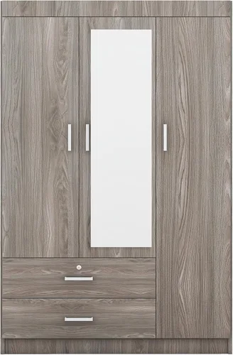 Miniatura 5 de Armario de madera de 68.2 pulgadas de alto con espejo, moderno armario independiente de madera con 3 puertas y cajones de bloqueo, armario