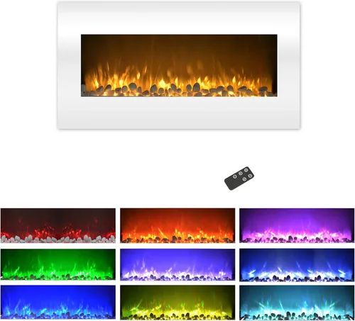 Northwest Chimenea eléctrica montada en la pared de 36 pulgadas, llama LED de 10 colores y 3 fondos multimedia con brillo ajustable y control remoto