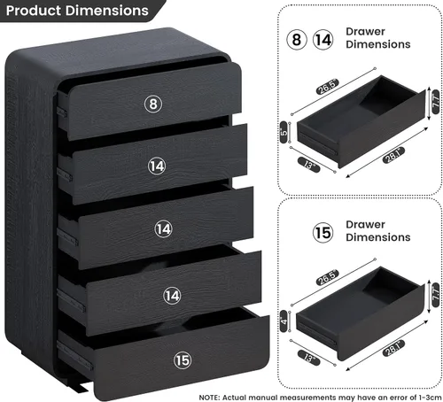 Miniatura 3 de Standifurno Cómoda de 29.5'' de Ancho para Clóset, Cajones Negros con Diseño Curvo, Cajonera con 5 Cajones, Cajón Vertical con Amplio