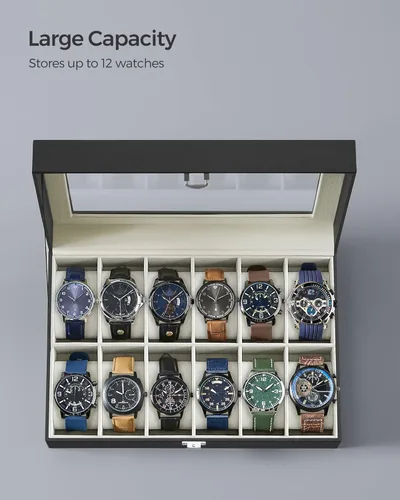 Miniatura 5 de SONGMICS Watch Box, 12-Slot Watch Case with Large Glass Lid, Removable Watch Pillows, Watch Box Organizer, Gift for Loved Ones, Black Synthetic