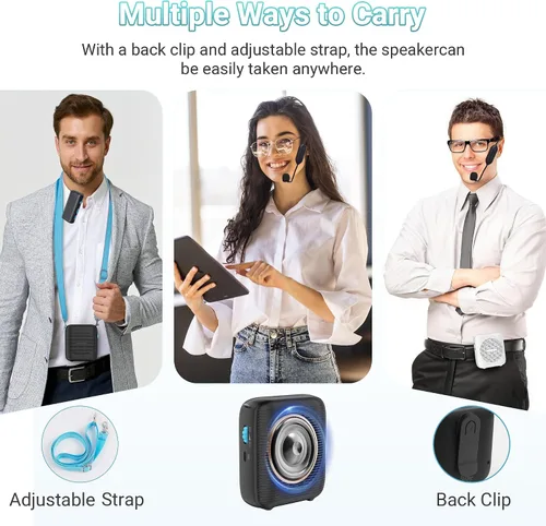 Miniatura 4 de Amplificador de voz inalámbrico AI con 2 micrófonos inalámbricos (1 micrófono Lavalier y 1 auricular de micrófono), sistema Bluetooth 5.3 PA