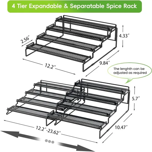Miniatura 3 de Organizador de especias ajustable de 4 niveles para gabinete, color negro (2 piezas S & L) estante de especias expandible con barandilla