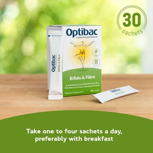 Miniatura 5 de Optibac Probióticos en polvo con bifidobacterias y fibra, 30 sobres 25 mil millones de UFC + 0.14 oz de fibra FOS Mezcla vegana de probióticos