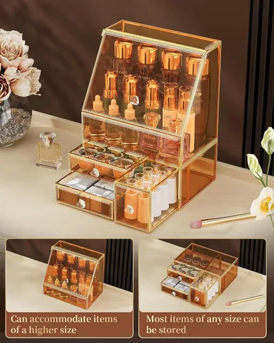 Miniatura 5 de CoralHouse Organizador de maquillaje, organizador de maquillaje ámbar con cajón, soporte para el cuidado de la piel para encimera de baño, vitrina