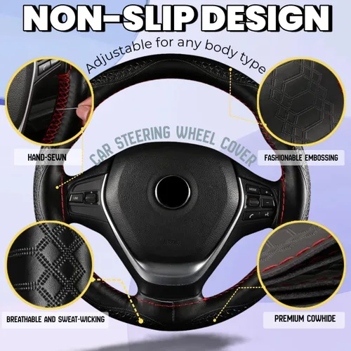 Miniatura 5 de Funda para volante de automóvil, ajuste universal, punto redondo, funda fina de piel sintética cosida en volante de automóvil de 15 pulgadas (negro)