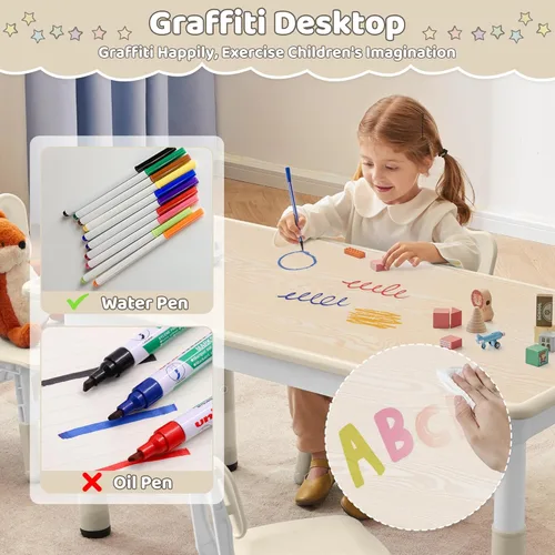 Miniatura 4 de DOREROOM Juego de Mesa y 4 Sillas para Niños de Altura Ajustable, Juego de Mesa y Silla para Niños Pequeños con Superficie de Grafiti, 31.5''L x