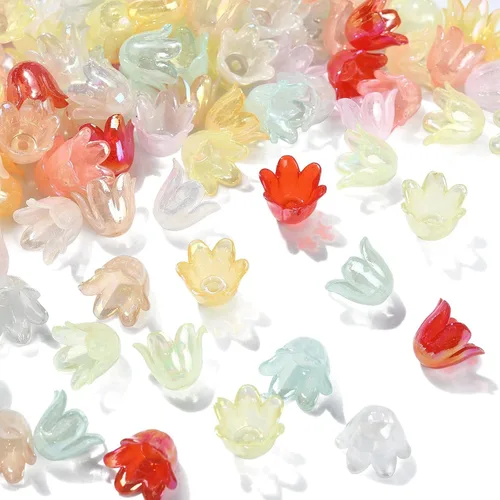 KitBeads 300 cuentas de acrílico aleatorias de cuentas de flores coloridas iridiscentes, mini cuentas florales Kawaii Bell Flower Beads para hacer