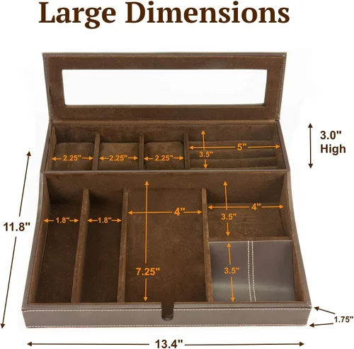 Miniatura 6 de Houndsbay Navigator - Bandeja organizadora grande para hombre con caja de relojes, organizador de joyas y estación de carga para móvil, Café Oscuro