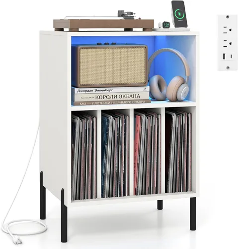 Miniatura 10 de LOKO Soporte para tocadiscos con luces LED, soporte para tocadiscos con estación de carga, soporte de almacenamiento de vinilo con patas de metal