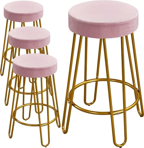 Miniatura 11 de Yaheetech Juego de 2 taburetes de bar, taburetes redondos de terciopelo, sillas de bar de altura de mostrador sin respaldo con patas doradas