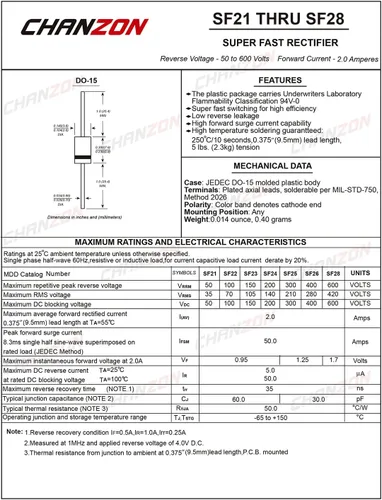 Miniatura 2 de Paquete de 100 piezas Chanzon SF26 Diodo rectificador de recuperación súper rápida 2A 400V 35ns DO-15 (DO-204AC) axial 2 amperios 400 voltios diodos
