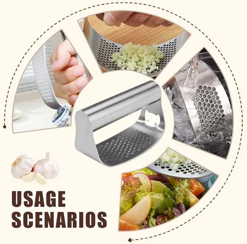 Miniatura 7 de Prensa de ajos de acero inoxidable, trituradora de ajo resistente, herramienta de prensa manual portátil con pelador y cepillo de limpieza, Sin