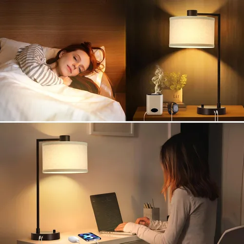 Miniatura 5 de Luvkczc Lámpara de Mesa para Dormitorio Juego de 2 con Puertos USB C+A - Lámpara de Noche Totalmente Regulable Sin Escalones con Pantalla de Lino