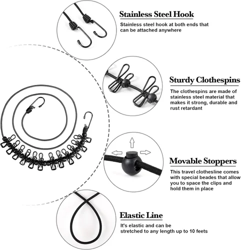 Miniatura 2 de HAWATOUR Clothesline - Esenciales de campamento, portátil, retráctil, con 12 pinzas para la ropa, accesorios de campamento al aire libre, artículos