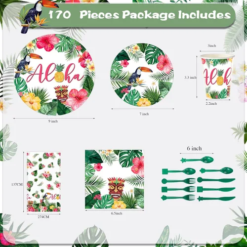Miniatura 2 de Pajean Juego de 170 platos de papel y servilletas hawaianas Luau para decoración de fiesta, juego de cubiertos con 2 manteles Aloha Tiki