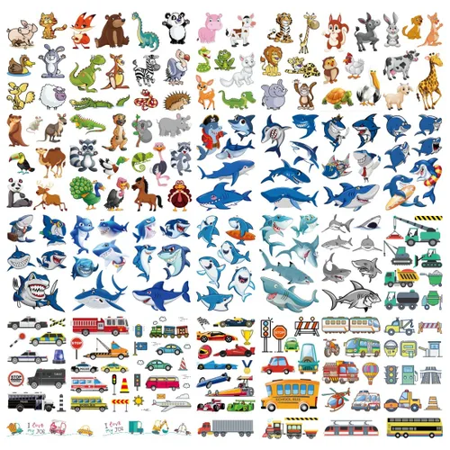 Miniatura 4 de 30 hojas (210 piezas) animales, tiburón, autos, tatuajes temporales impermeables para niños, tatuajes de estilos mixtos de dibujos animados