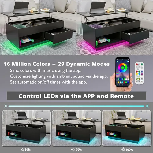 Miniatura 6 de HOMMPA - Mesa de café con tapa elevable de 40" con almacenamiento, mesa de centro LED moderna de alto brillo para sala de estar, mesa de té moderna