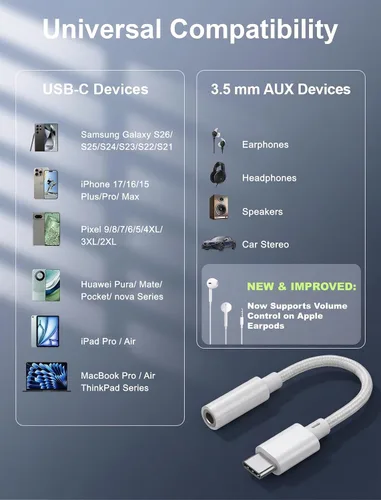 Miniatura 4 de Adaptador de auriculares de audio USB-C a 0.138 in – Paquete de 2 dongle de alta resolución con micrófono y control de volumen – Cable tejido tipo C
