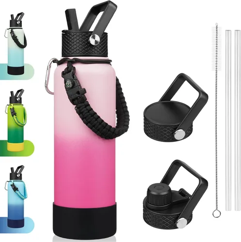 Miniatura 12 de BJPKPK - Botella de agua con tapa de popote, botellas de agua aisladas de 18 onzas con 3 tapas, asa de cuerda de paracaídas y base antideslizante