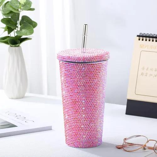 Miniatura 7 de Mimorou Botella de agua con purpurina y tapa, de acero inoxidable, con diseño de diamantes de imitación, con 1 cepillo para tazas, 6 cepillos