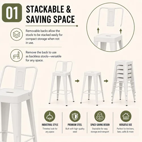 Miniatura 7 de Andeworld Juego de 4 taburetes de bar de altura de mostrador, taburetes de bar industriales de metal con respaldo (30 pulgadas, blanco hueso)