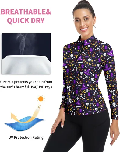 Miniatura 171 de WOWENY Camiseta deportiva de manga larga para mujer, con cremallera de un cuarto, cuello para entrenamiento, camiseta de tenis con estampado