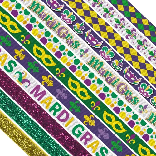 ALIBBON Cinta de Mardi Gras con purpurina de 12 yardas de 3/8 pulgadas, color amarillo, verde, morado, para decoración de Mardi Gras, cinta de