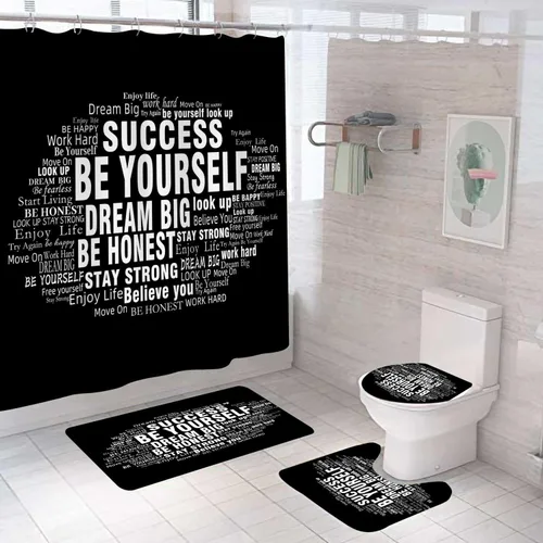 Miniatura 23 de Juego de 4 cortinas de ducha con citas inspiradoras, escaleras de arte en blanco y negro, decoración de baño motivacional para hombres, cortina