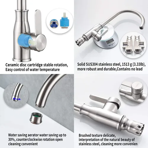 Miniatura 2 de Grifo de cocina de una sola manija de acero inoxidable de níquel cepillado, moderno grifo de fregadero de cocina de arco alto, grifo de fregadero