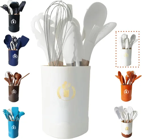 Miniatura 12 de Color Dots - Juego de utensilios de cocina de silicona, 11 piezas, mango de madera, resistente al calor, antiadherente, seguro para utensilios
