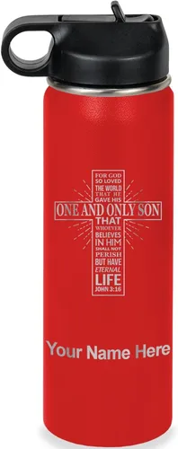 Miniatura 32 de LaserGram Botella de agua personalizada, versículo bíblico John 3-16, acero inoxidable de doble pared aislada al vacío con popote superior, regalo
